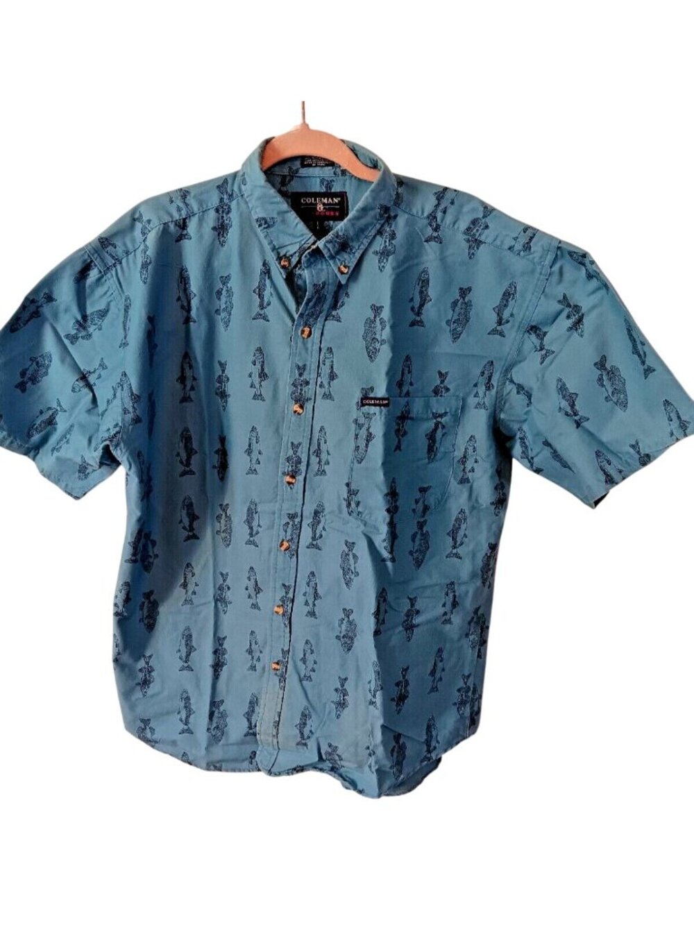 Coleman Outdoors Men’s Blue Cotton Button-Up Shirt Fish Print Size Large‎